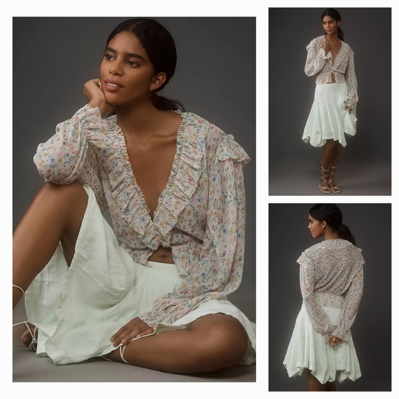 By Anthropologie Long-Sleeve Mesh Ruffle Blouse - Picture 1 of 2
